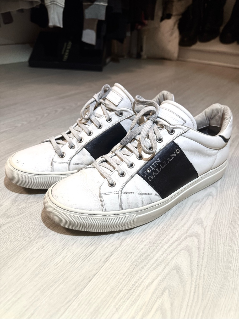 John Galliano White Leather Sneakers with Black Side Panel